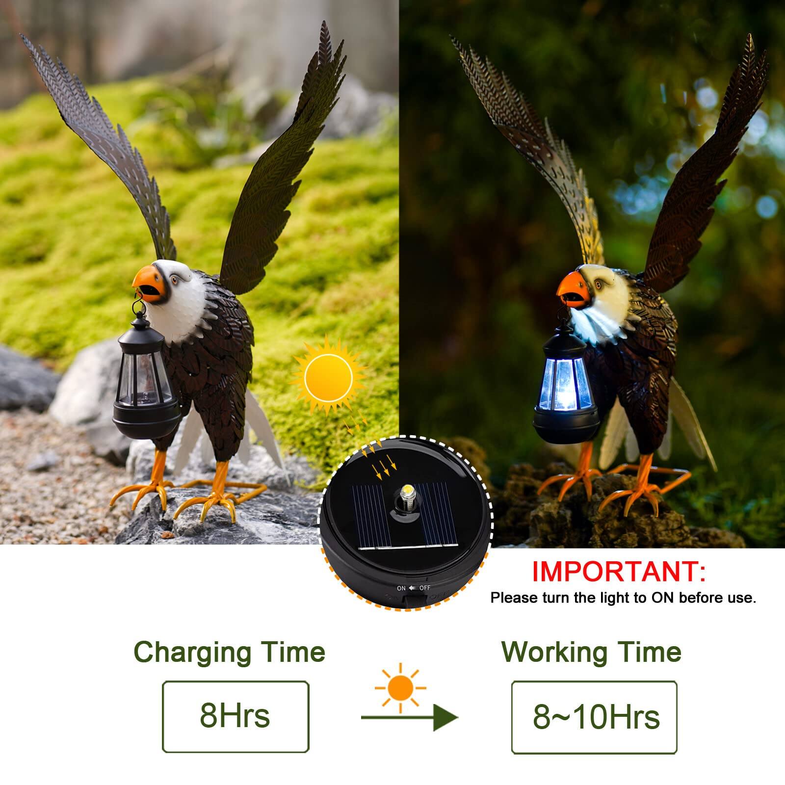 IMPORTANT: Please turn the light to ON before use.

Charging Time: 8Hrs

Working Time: 8~10Hrs