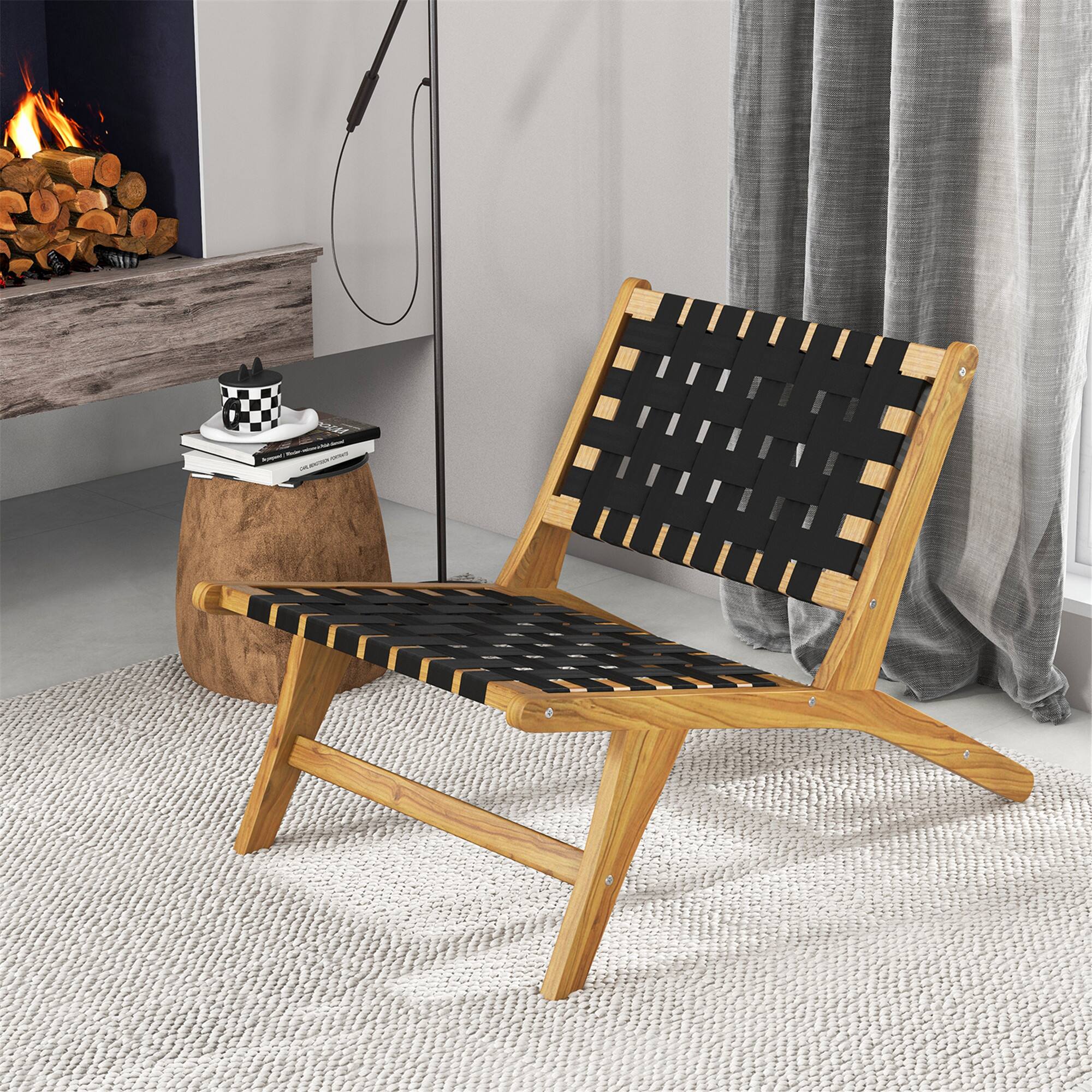 Alt View 1. Gymax - Gymax Teak Wooden Chair w/ Woven Webbing Seat & Backrest for Patio Mid Century Modern - Natural, Black.