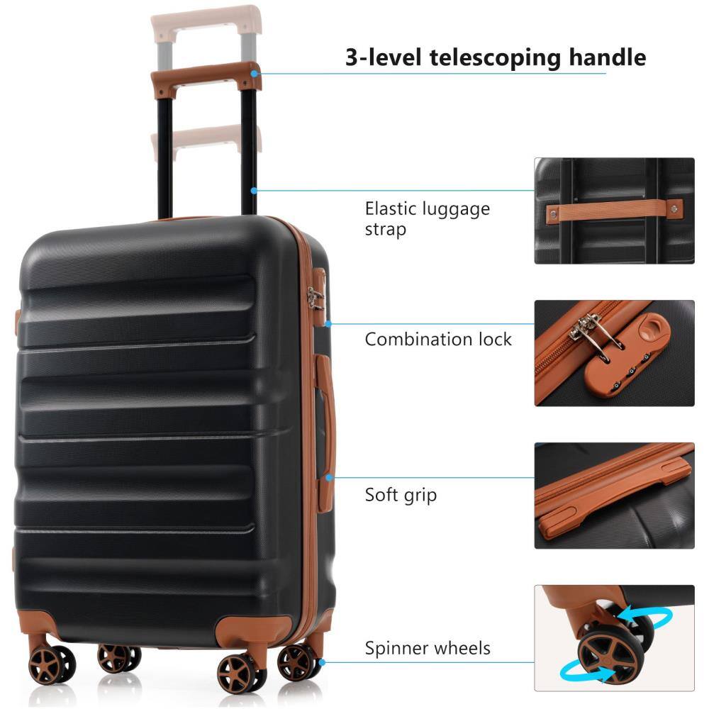3-level telescoping handle  
Elastic luggage strap  
Combination lock  
Soft grip  
Spinner wheels