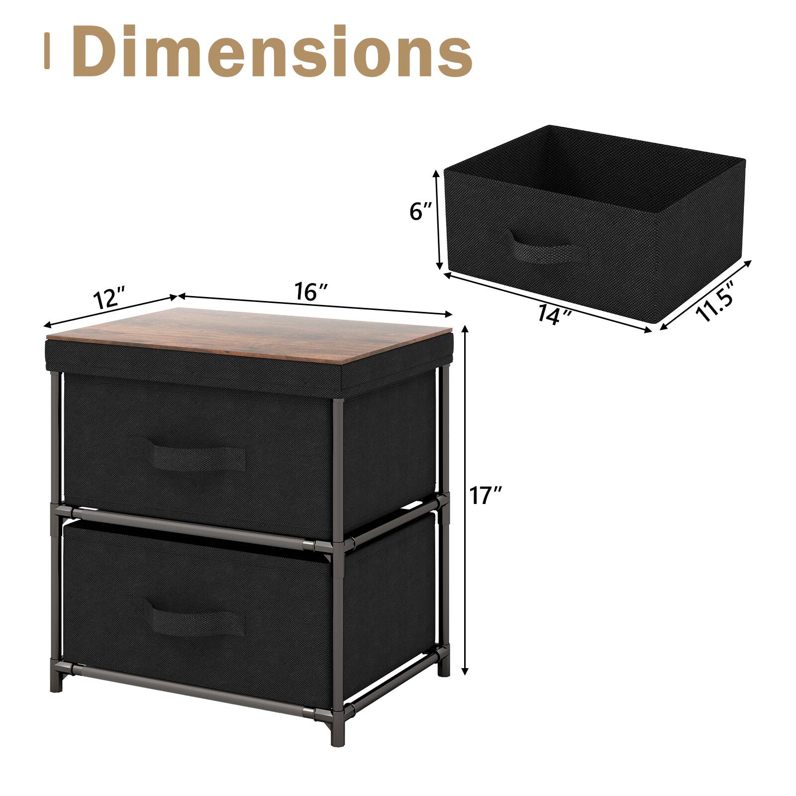 The text on the image reads "I Dimensions 6" 12" 16" 14" 11.5" 17". This information is likely intended to provide the dimensions of a piece of furniture, such as a table or a drawer. The dimensions are given in inches, with the first dimension being 6 inches, the second dimension being 12 inches, the third dimension being 16 inches, the fourth dimension being 14 inches, the fifth dimension being 11.5 inches, and the sixth dimension being 17 inches.