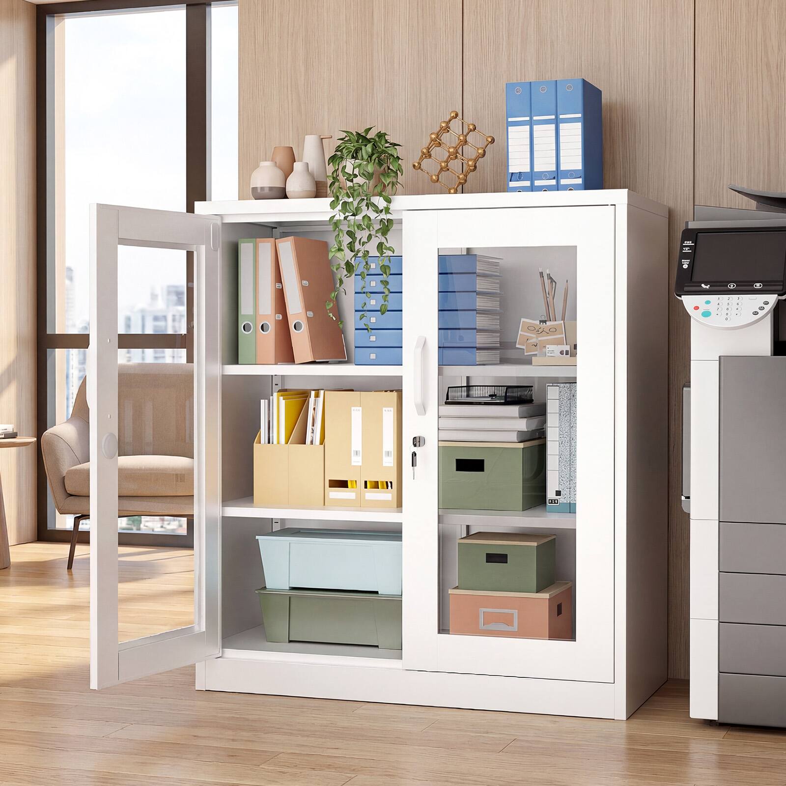 Left. Winado - Metal Lockable Display Cabinet Bookshelf Bookcase with Glass Door & Shelves for Kitchen Office Living Room Pantry Garage - White.