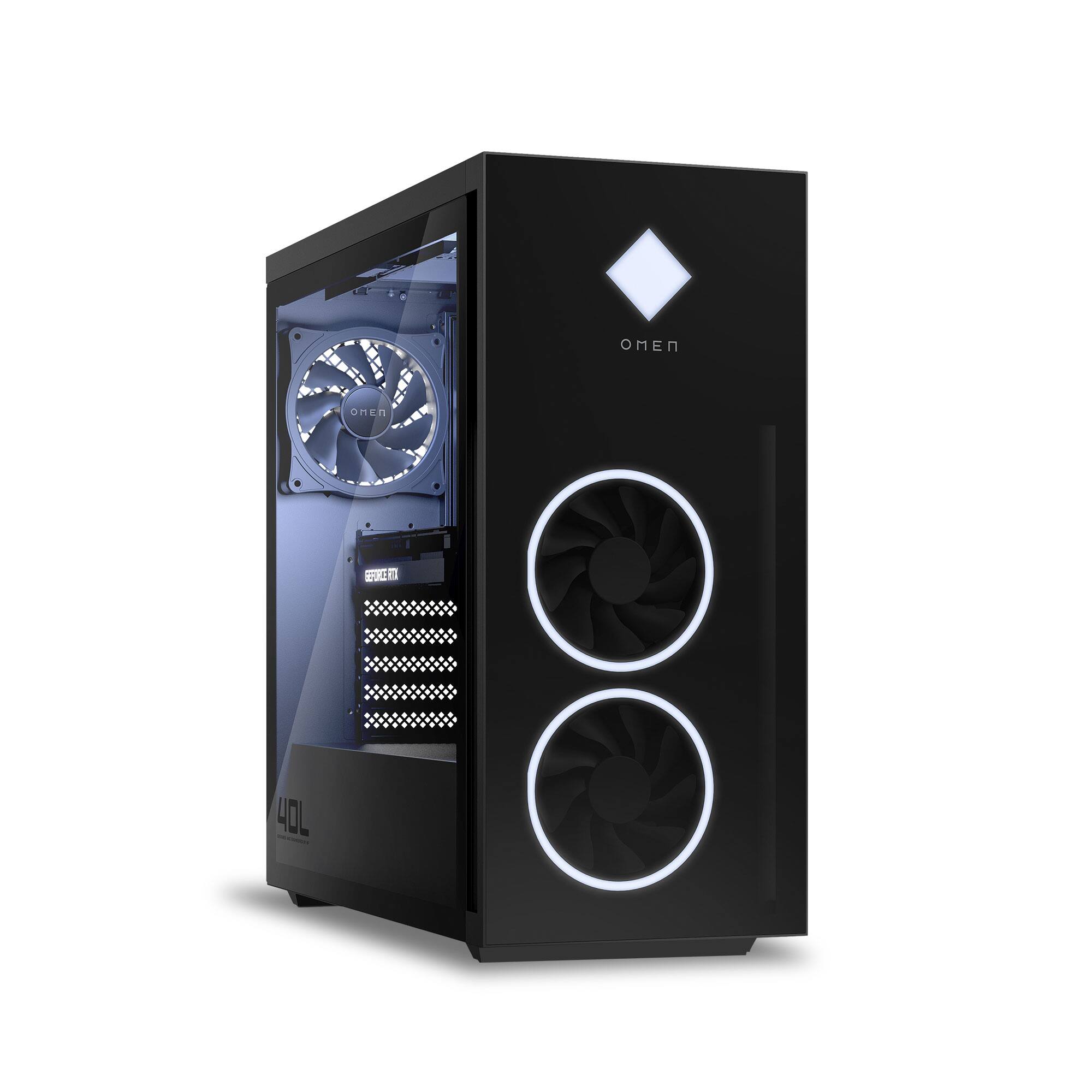 Front. HP OMEN - 40L Gaming Desktop - AMD Ryzen 7 5700G - 16GB HyperX Memory - NVIDIA GeForce RTX 3060 Ti - 512GB SSD.