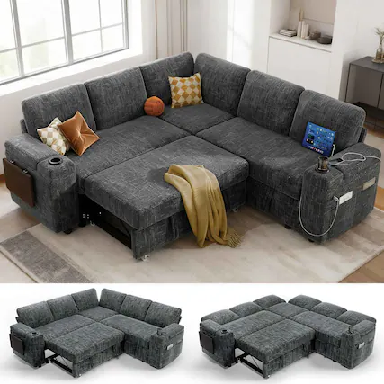 Front. Dyonery - Dyonery 85" Modular Sectional Sleeper Sofa with Pull Out Bed, 5 Seat L Shaped with Reclining Backrest,Chenille Gray - Beige.