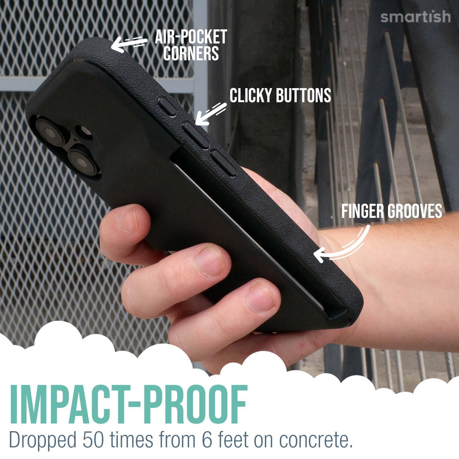 AIR-POCKET CORNERS  
CLICKY BUTTONS  
FINGER GROOVES  

IMPACT-PROOF  
Dropped 50 times from 6 feet on concrete.