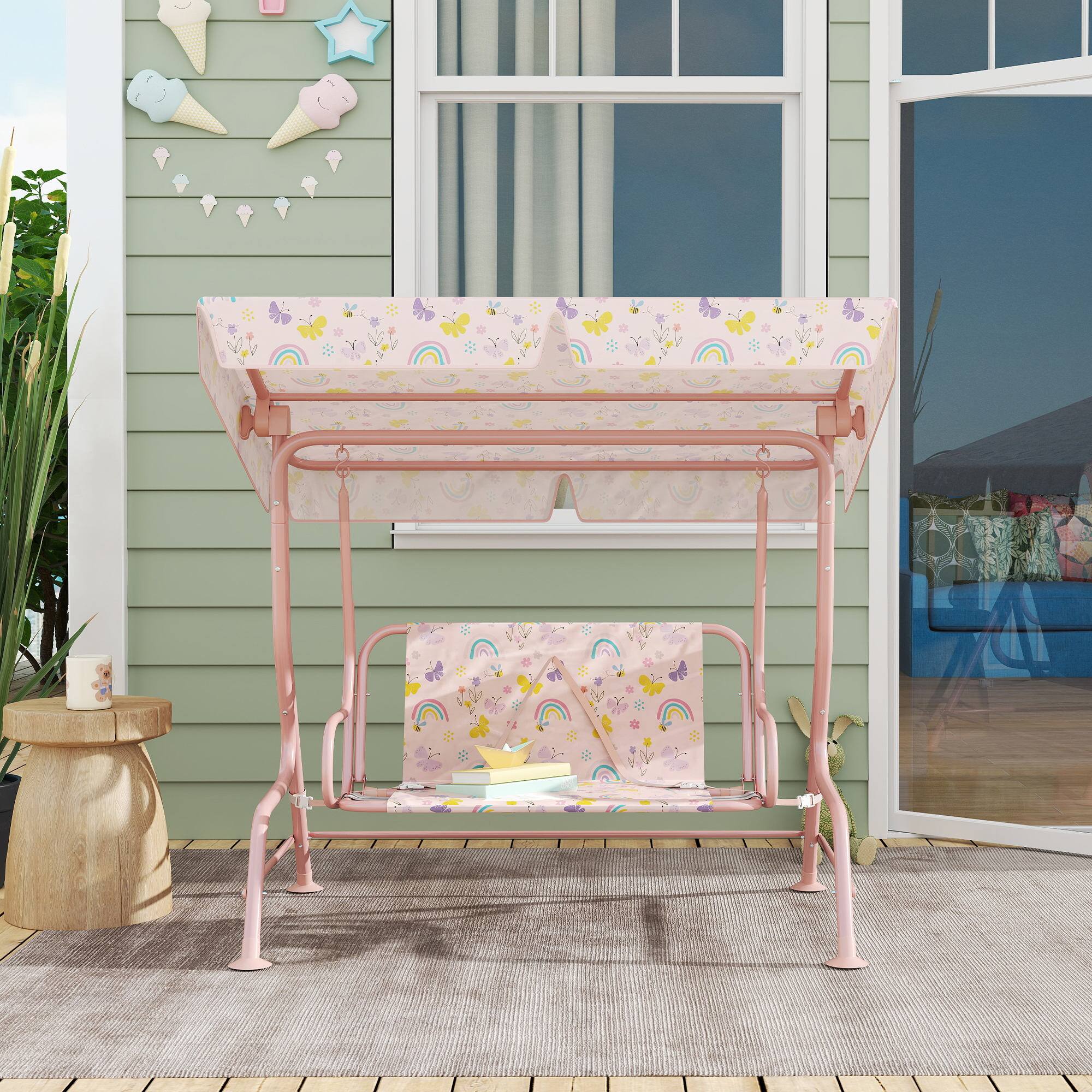 Alt View 7. Qaba - Patio Swing Chair with Adjustable Canopy, Safety Belt for Patio, Garden, Poolside - Pink.