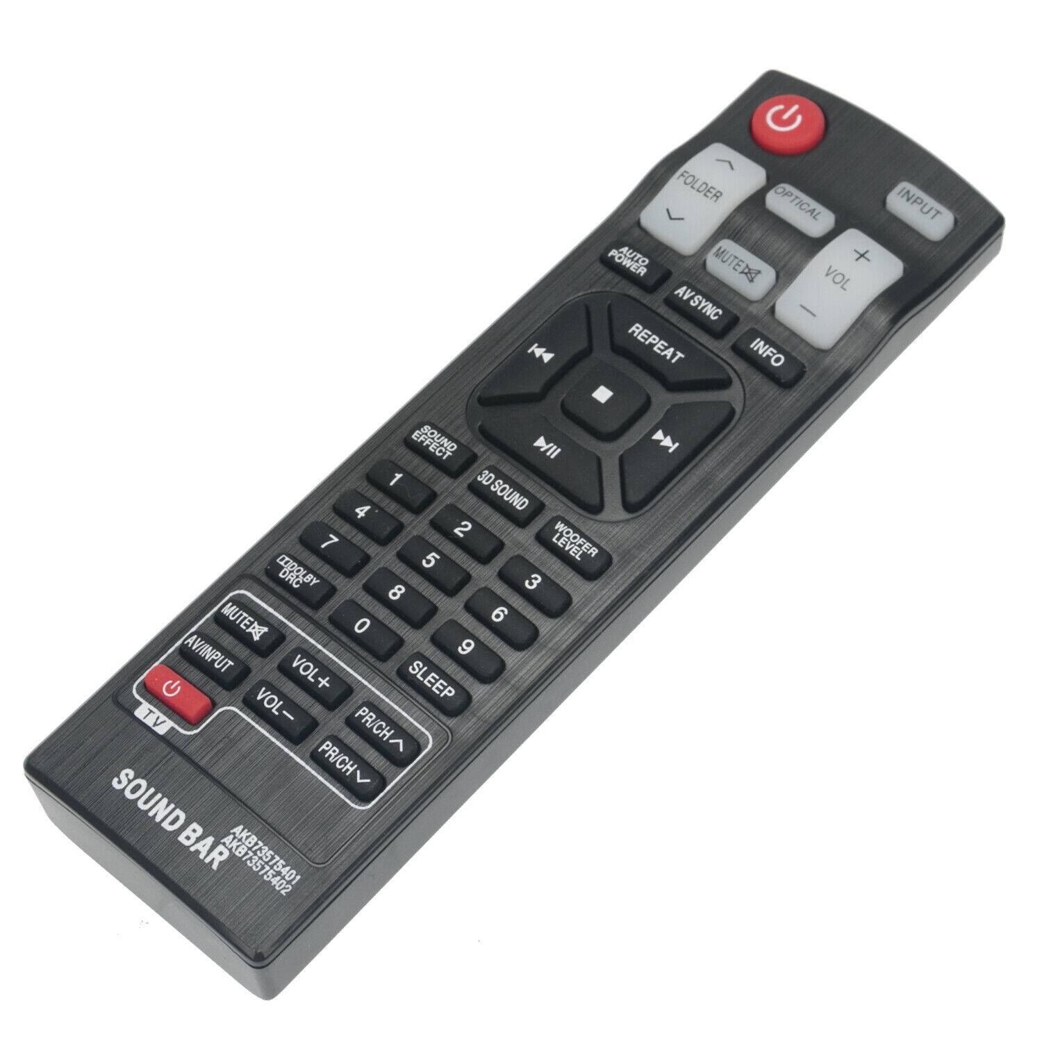 144 FOLDER OPTICAL INPUT POWER MUTE + VOL AVSYNC REPEAT INFO SOUND WII 1 30 4 SOUND 2 7 LEVEL CLBY 5 DRC 3 8 MUTER 6 0 AVINPUT 9 U VOL+ SLEEP VOL TV PRICH PR/CH > SOUND BAR AKB AKB73575401 735 75401 75402 D