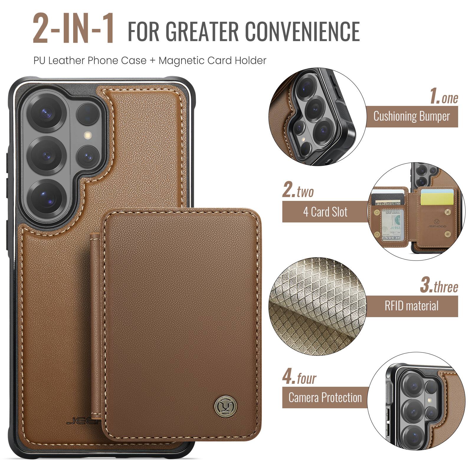 2-IN-1 FOR GREATER CONVENIENCE  
PU Leather Phone Case + Magnetic Card Holder  

1. one  
Cushioning Bumper  

2. two  
4 Card Slot  

3. three  
RFID material  

4. four  
Camera Protection