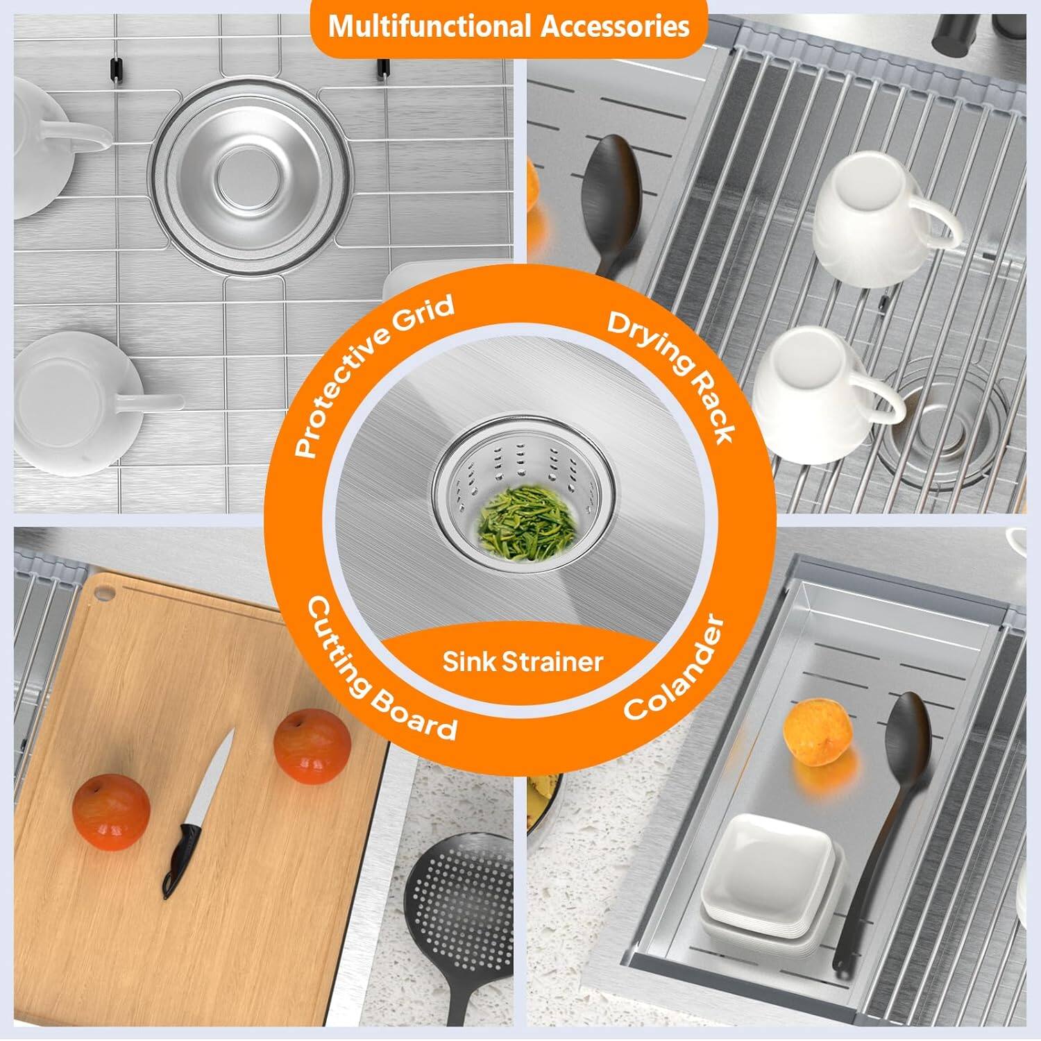 Multifunctional Accessories

- Protective Grid
- Drying Rack
- Cutting Board
- Sink Strainer
- Colander