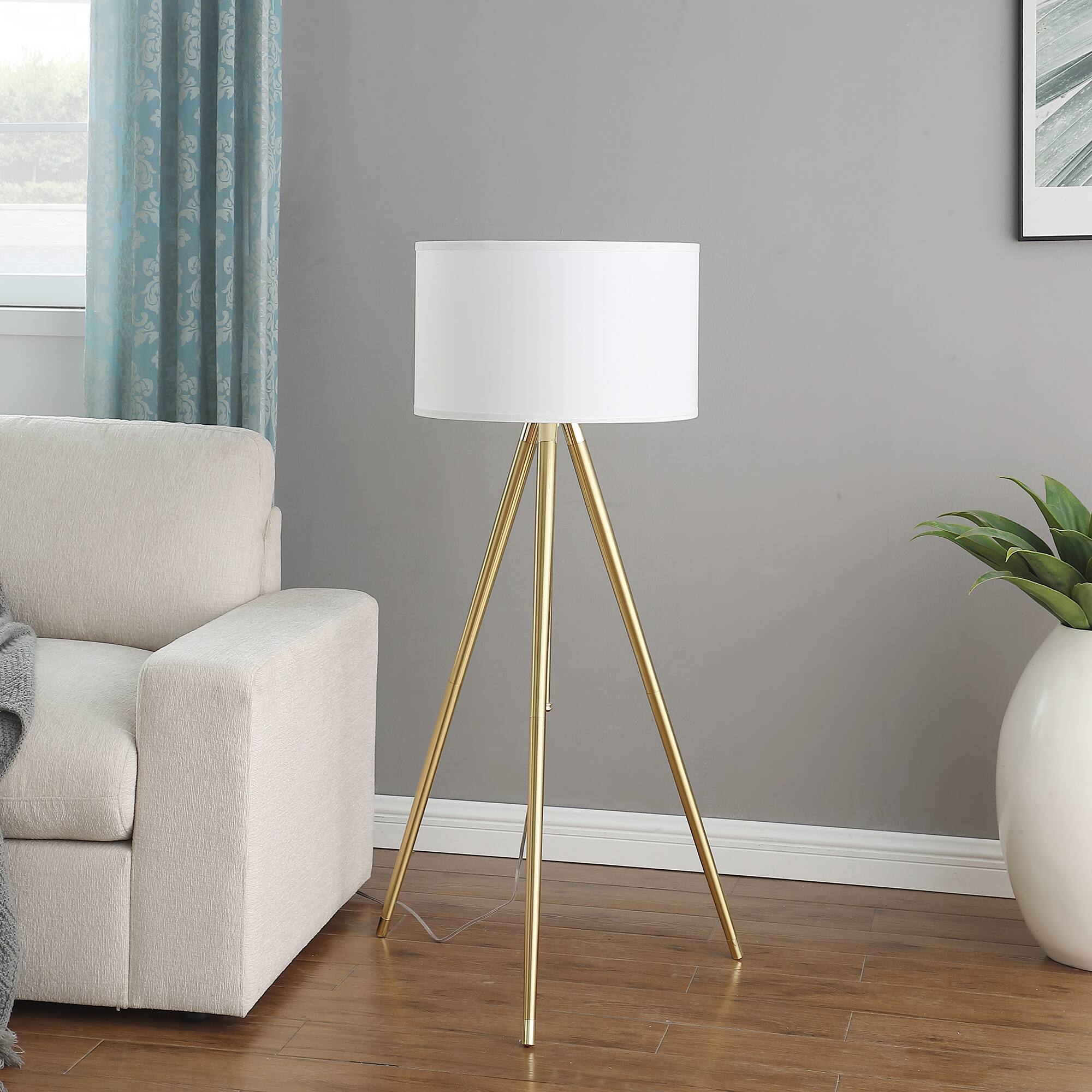 Alt View 1. APRILSOUL - 64in - 47inH Adjustable Height Brass/Shiny Gold Modern Tripod Floor Lamp for Living Room Standing Lamp for Bedroom - Gold+White.