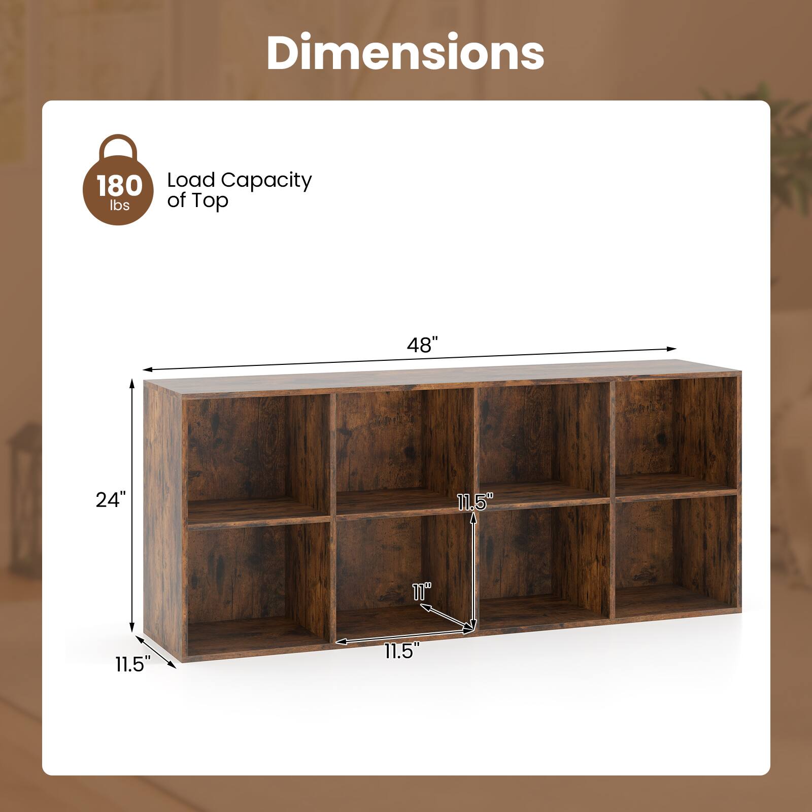 Dimensions: 180 lbs load capacity, 48" top, 24" bottom, 11.5" sides.