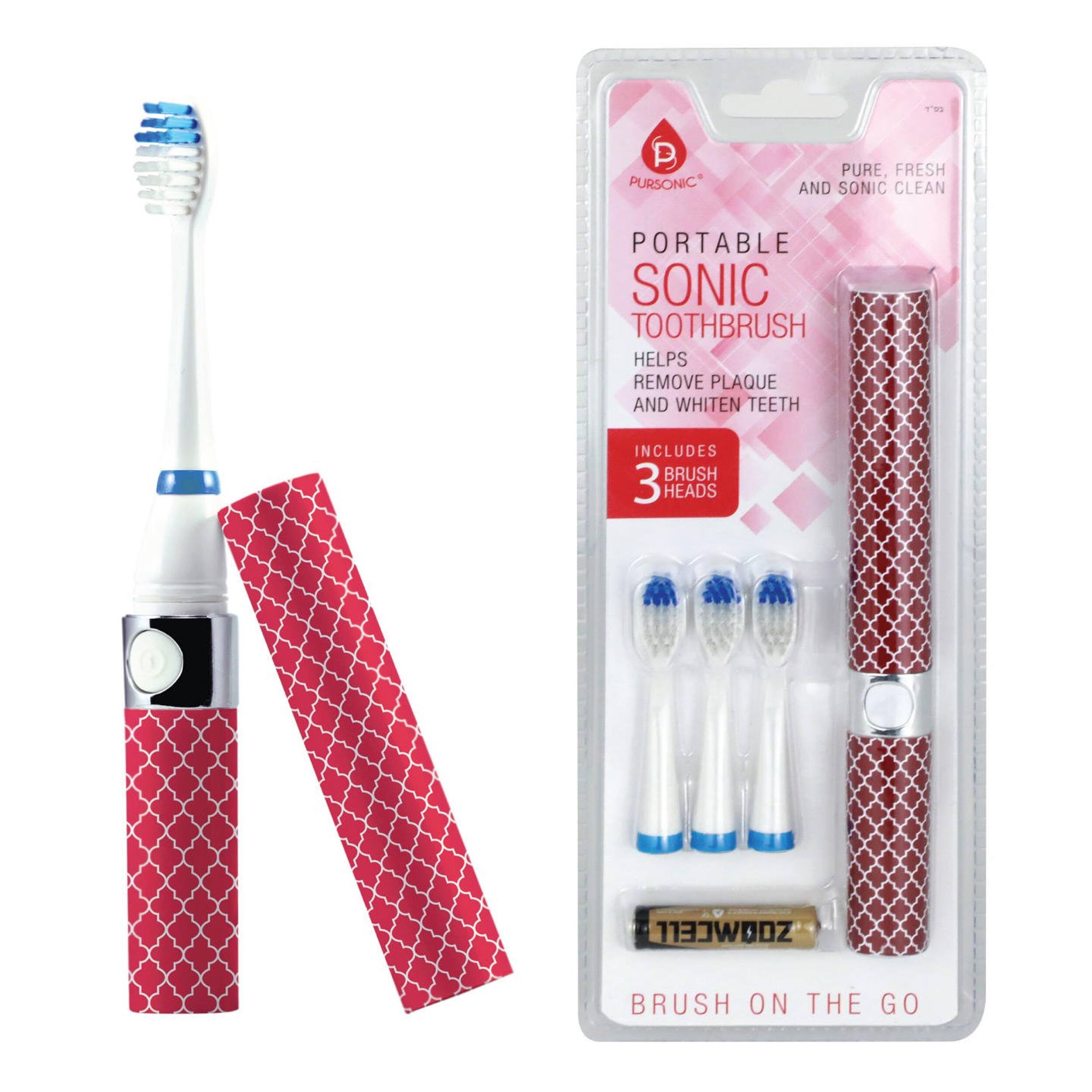 PURSONIC PURE, FRESH AND SONIC CLEAN PORTABLE SONIC TOOTHBRUSH HELPS REMOVE PLAQUE AND WHITEN TEETH INCLUDES BRUSH 3 HEADS ZOOMCELL BRUSH ON THE GO