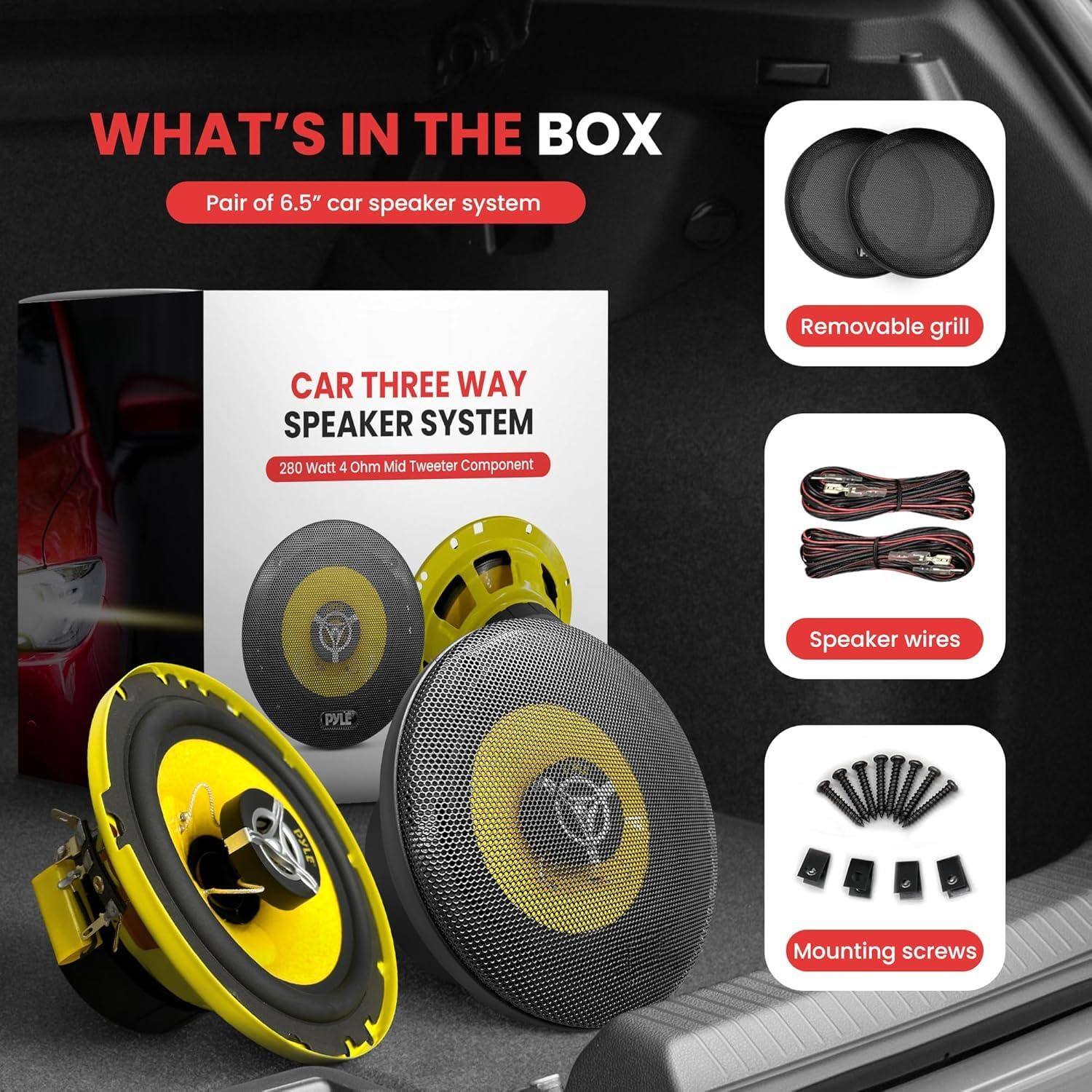 **WHAT'S IN THE BOX**

- Pair of 6.5" car speaker system
- CAR THREE WAY SPEAKER SYSTEM
  - 280 Watt 4 Ohm Mid Tweeter Component
- Removable grill
- Speaker wires
- Mounting screws