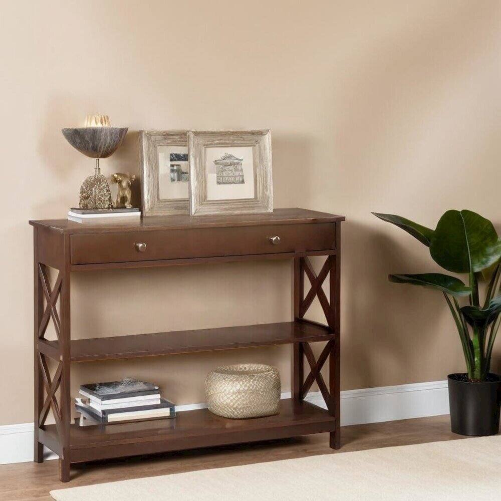 Left. FurniFact - Brown Console Table with 1 Drawer and Shelves - Espresso.