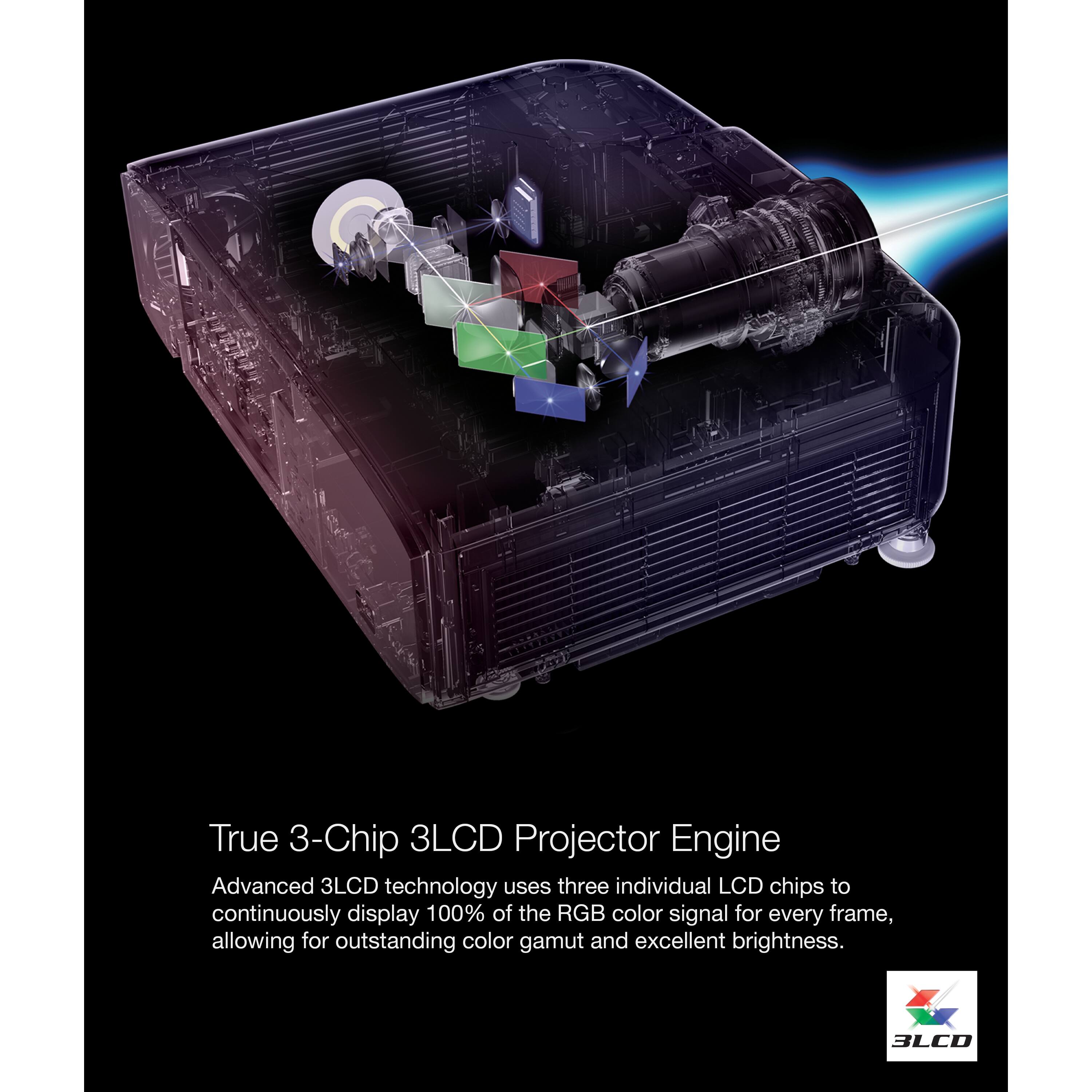 True 3-Chip 3LCD Projector Engine

Advanced 3LCD technology uses three individual LCD chips to continuously display 100% of the RGB color signal for every frame, allowing for outstanding color gamut and excellent brightness.