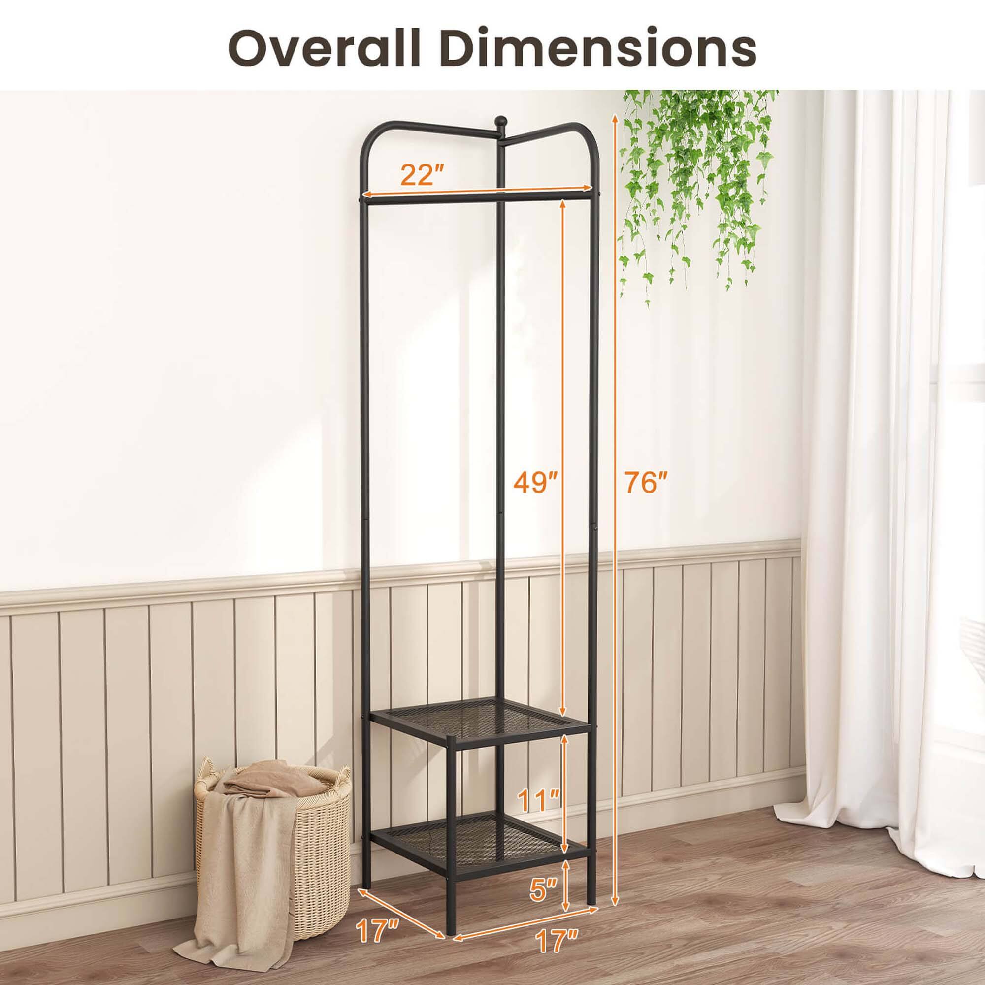 Overall Dimensions: 22" (height), 17" (width), 17" (depth), 11" (shelf height), 5" (leg width), 49" (total height), 76" (total height)