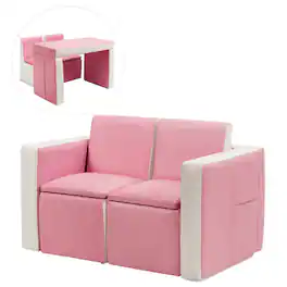 Costway - Multi-functional Kids Sofa Table Chair Set 2 Seat Couch Furniture W/Storage Box - Pink,White