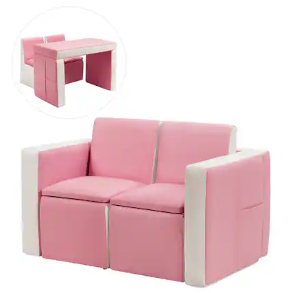 Front. Gymax - Gymax Multi-functional Kids Sofa Table Chair Set 2 Seat Couch Furniture W/Storage Box - Pink & White.