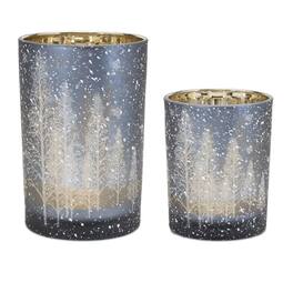 BreeBe - Navy Pine Tree Glass Candle Holder (Set of 2) - Blue, Gray