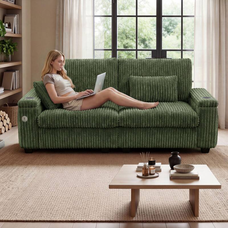 Angle. Dyonery - Dyonery 91" Modern Loveseat Sofa, Corduroy 2 Seater Sofa with Storage Armrests,Side Pockets, USB Charging & Cup Holders - Green.