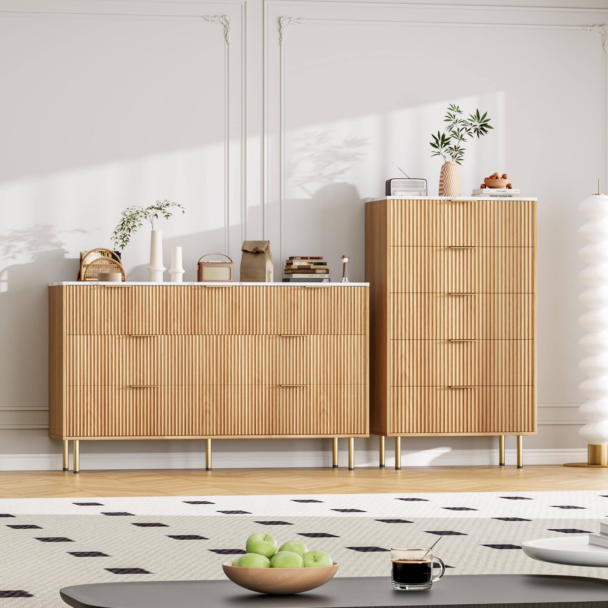 Alt View 3. Acekool - 5 Drawers Dresser for Bedroom, Fluted Dresser Chest of Drawers with Handle, Wood Modern Dressers for Closet - Yellow.