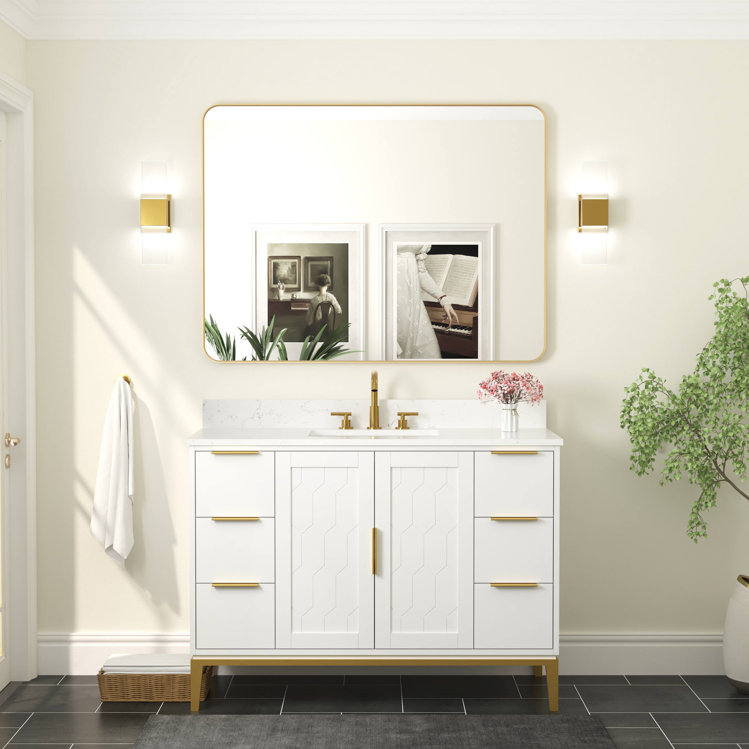 Angle. WELLFOR - 48 in. W x 36 in. H Rectangular Aluminum Framed Wall Bathroom Vanity Mirror - Brushed Gold.