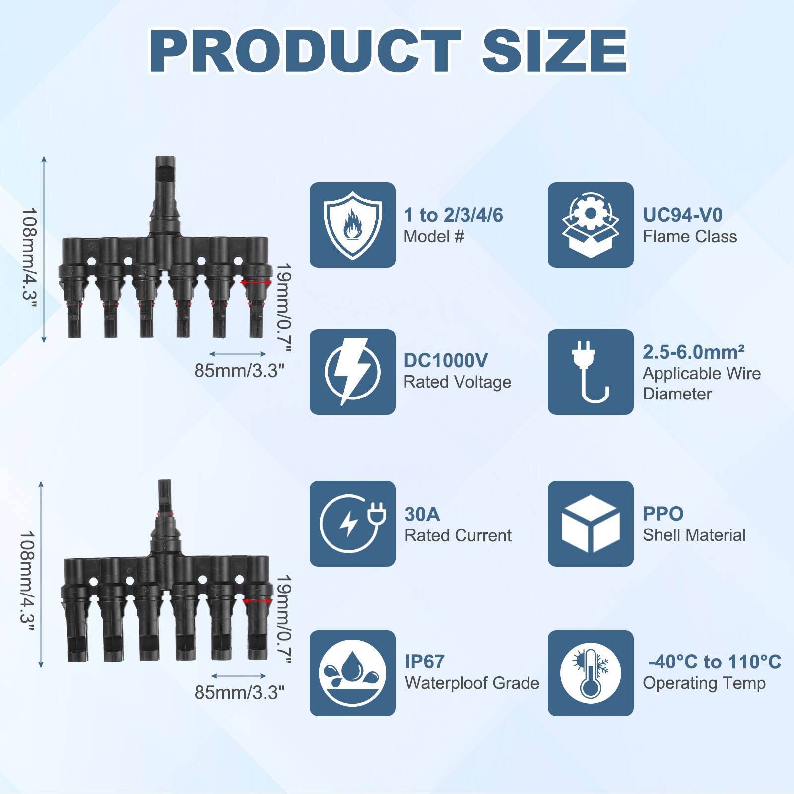 PRODUCT SIZE  
108mm/4.3"  
19mm/0.7"  
85mm/3.3"  

1 to 2/3/4/6  
Model # DC1000V  
Rated Voltage  
UC94-VO  
Flame Class  
2.5-6.0mm  
Applicable Wire Diameter  

30A  
Rated Current  
IP67  
Waterproof Grade  
PPO  
Shell Material  
-40°C to 110°C  
Operating Temp