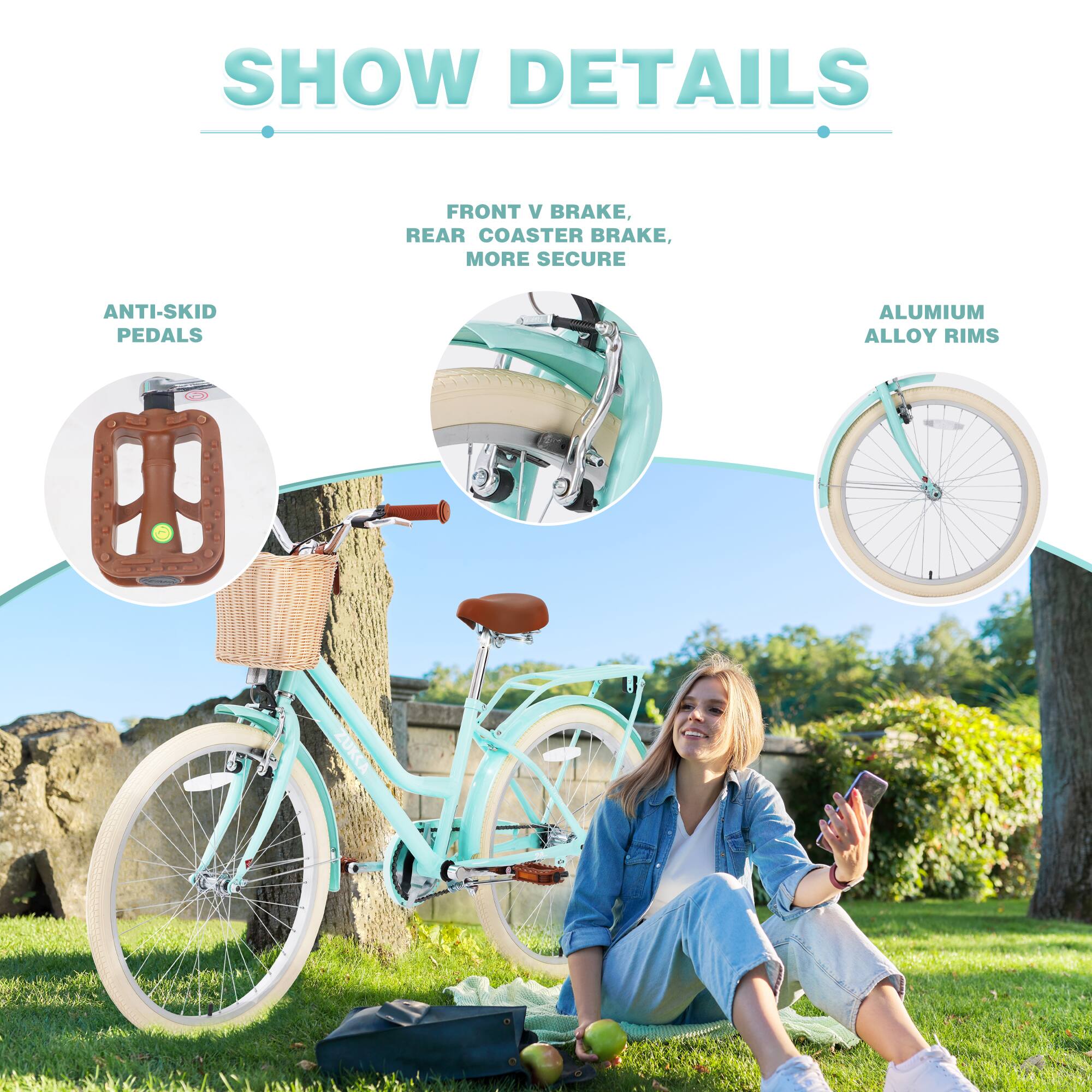 SHOW DETAILS  
FRONT V BRAKE, REAR COASTER BRAKE, MORE SECURE  
ANTI-SKID PEDALS  
ALUMIUM ALLOY RIMS