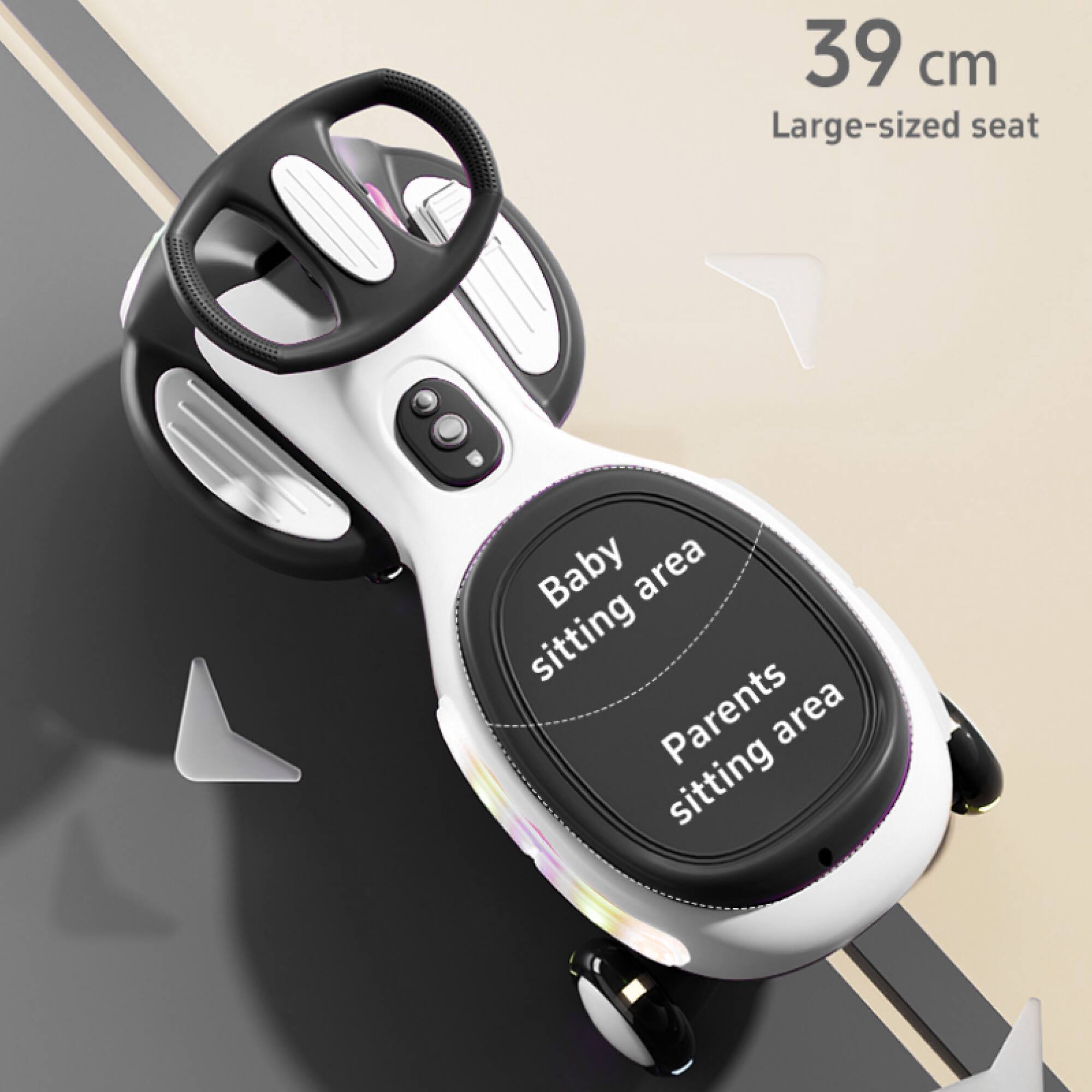 39 cm  
Large-sized seat  

Baby sitting area  
Parents sitting area