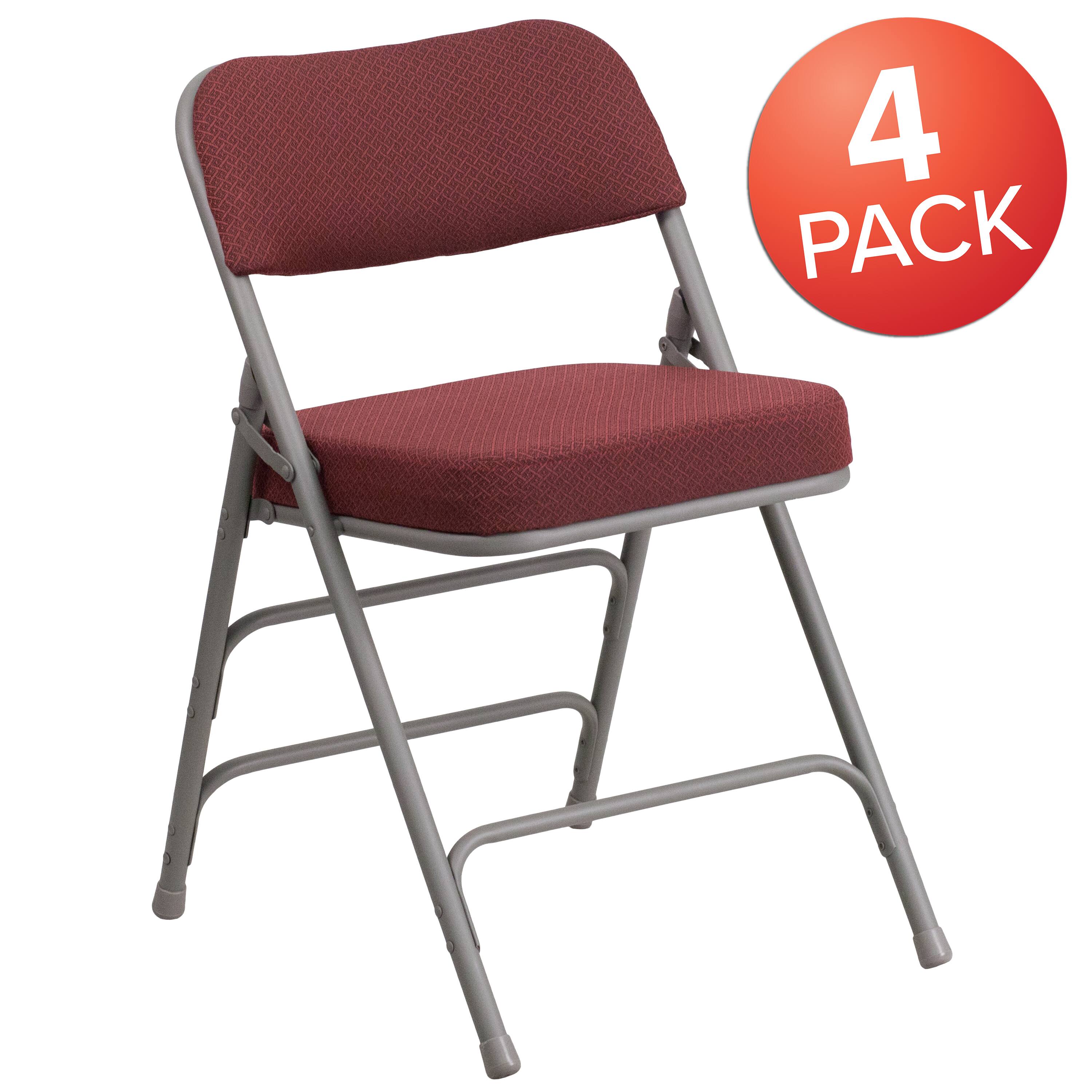 Alt View 1. Emma + Oliver - 4 Pack Premium Curved Triple Braced & Hinged Fabric Upholstered Metal Folding Chair - Burgundy.