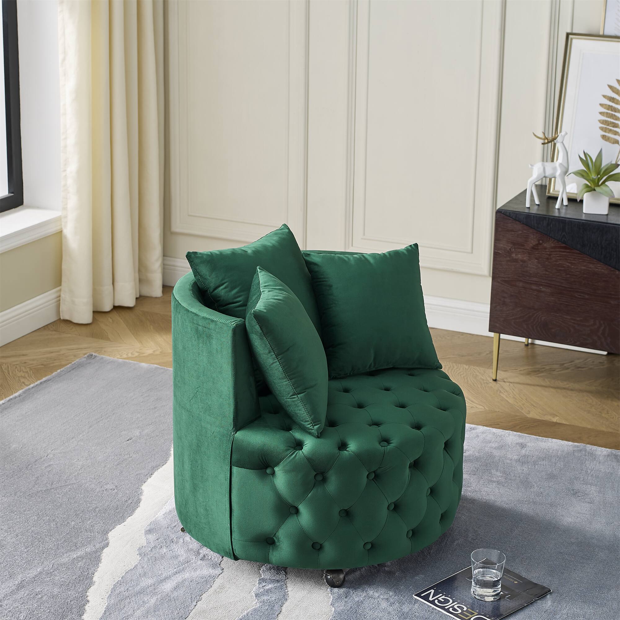 Back. GOODSILO - Luxury Upholstered Swivel Accent Chair with Tufted Back and Caster Wheels for Elegant Home Seating - Green.