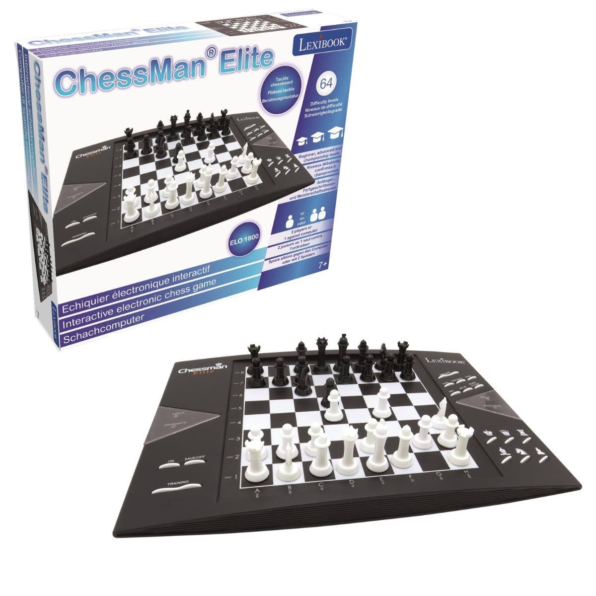 Elite ChessMan LEXIBOOK ChessMan Elite Tactile chessboard lacole 64 Plateau Berührungstarstatur Difficulty levels Views de Schwierigkeitsgrade Chessman Beginner, championship Natur Fortgeschrittene
ELO 1800 interactif game Echiquier lectronique electronic chess Schachcomputer Interactive Chessman Elite
2 players or 2 jours 7+
LEXIBOOK
6
5
4
3
SAVE/OFY TRAINING
2 1
A
3
C 9
D
E E
F &
G I
H I