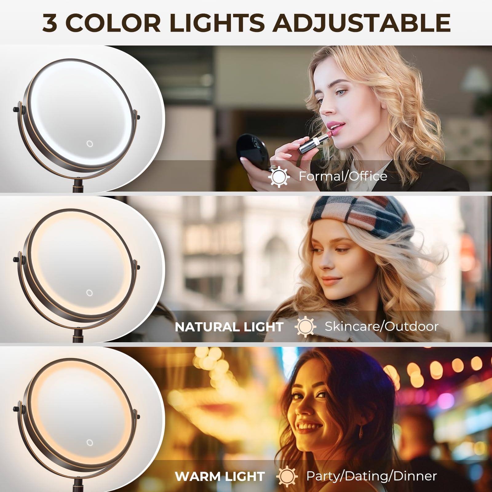 3 COLOR LIGHTS ADJUSTABLE

- Formal/Office
- NATURAL LIGHT Skincare/Outdoor
- WARM LIGHT Party/Dating/Dinner