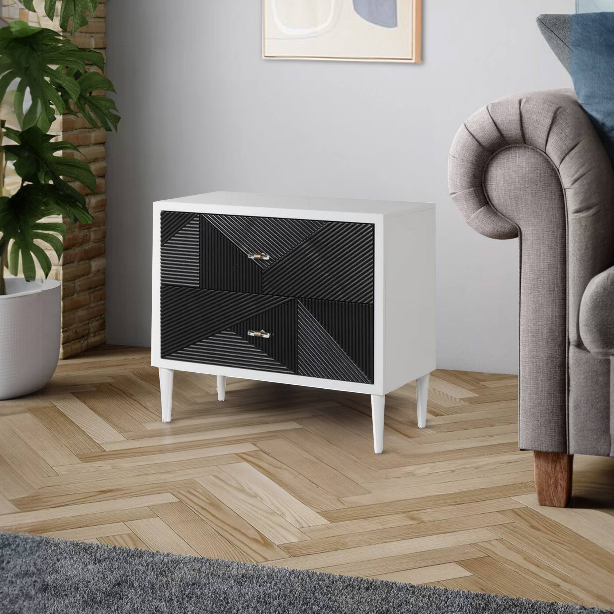 Alt View 5. Manhattan Lane - Accent table with Geometric Pattern 2 Drawer Front - White and Black.