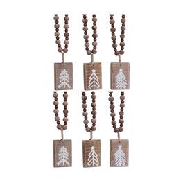 BreeBe - Rustic Wood Tree Tag Ornament with Beaded Hanger (Set of 6) - Brown, White