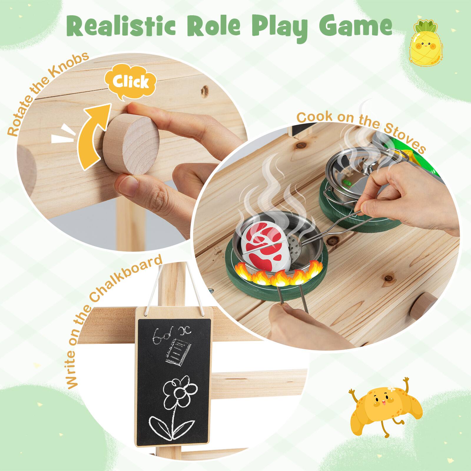 Realistic Role Play Game

- Rotate the Knobs
- Click
- Cook on the Stoves
- Write on the Chalkboard