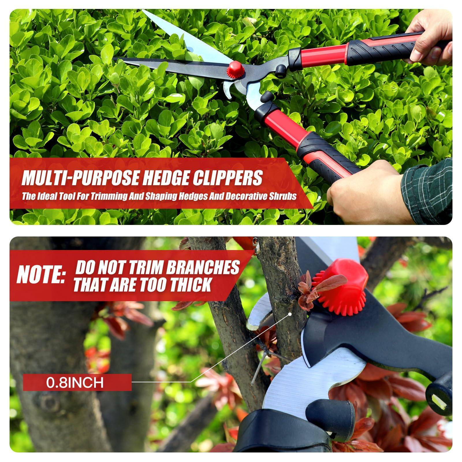 MULTI-PURPOSE HEDGE CLIPPERS  
The Ideal Tool For Trimming And Shaping Hedges And Decorative Shrubs  

NOTE: DO NOT TRIM BRANCHES THAT ARE TOO THICK  

0.8INCH