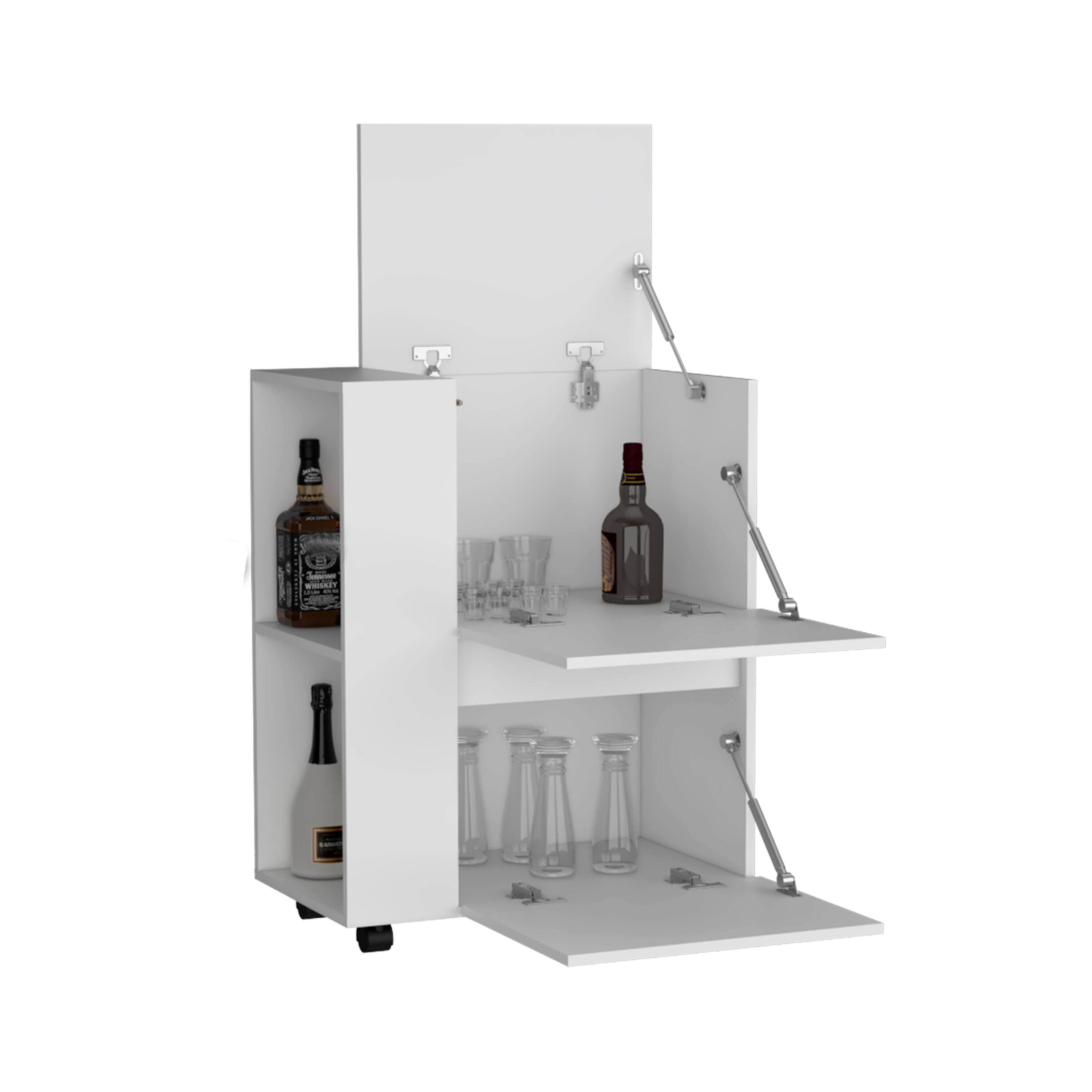 Alt View 3. TuHome - Glasgow Bar Cart with Two Pull-Down Door Cabinets and Two Open Shelves, Living Room or Bar Room. - White.