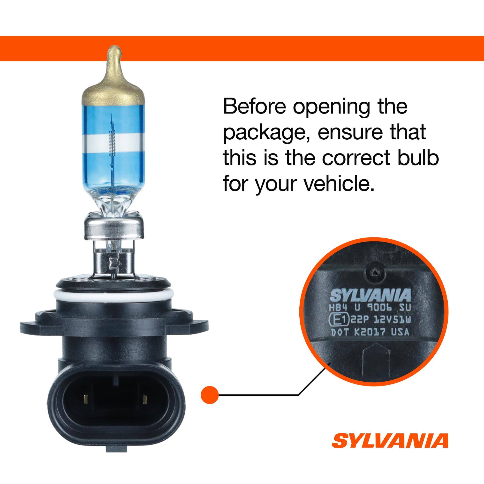 Before opening the package, ensure that this is the correct bulb for your vehicle.

SYLVANIA HB4 U 9006 SU E1 22P ATSA2T DOT K2017 USA