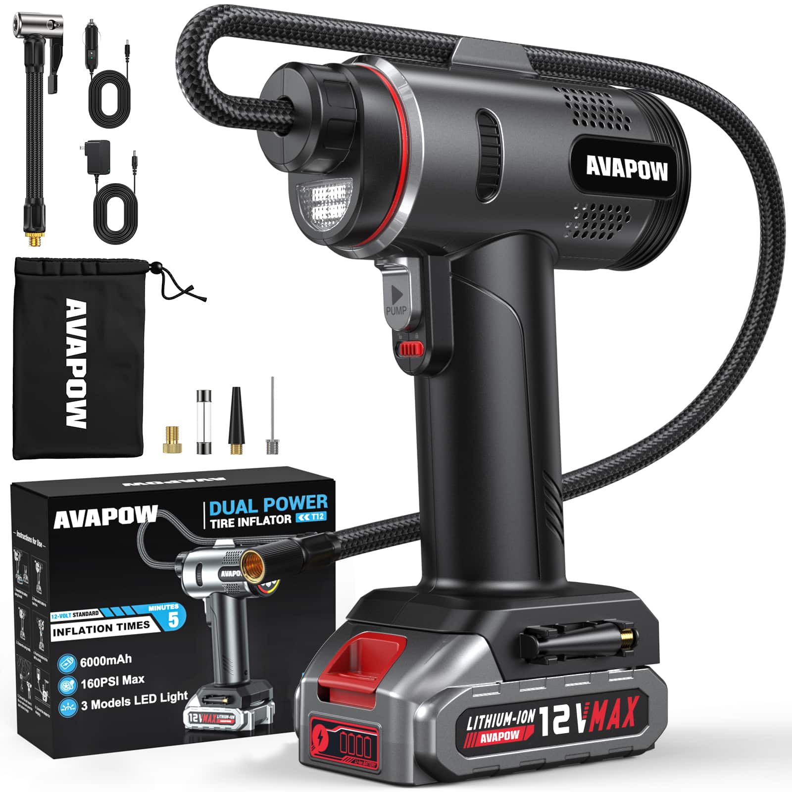 AVAPOW DUAL POWER TIRE INFLATOR CC T1Z  
- 2-001 STANDARD TIMES 5 INFLATION  
- 6000mAh  
- 160PSI Max  
- 3 Models LED Light  
- LITHIUM-ION 12V MAX  
- AVAPOW XAMVST 12