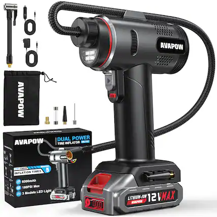 AVAPOW DUAL POWER TIRE INFLATOR CC T1Z
- 2-001 STANDARD TIMES 5 INFLATION
- 6000mAh
- 160PSI Max
- 3 Models LED Light
- LITHIUM-ION 12V MAX
- AVAPOW XAMVST 12