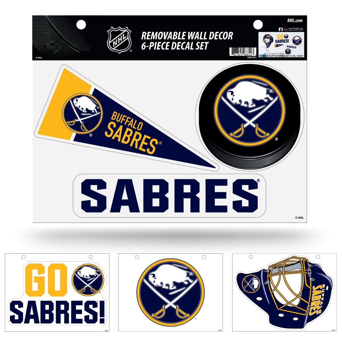 NHL.com  
REMOVABLE WALL DECOR  
6-PIECE DECAL SET  

BUFFALO SABRES  

SABRES  

GO SABRES!  

SABRES  

SABRES