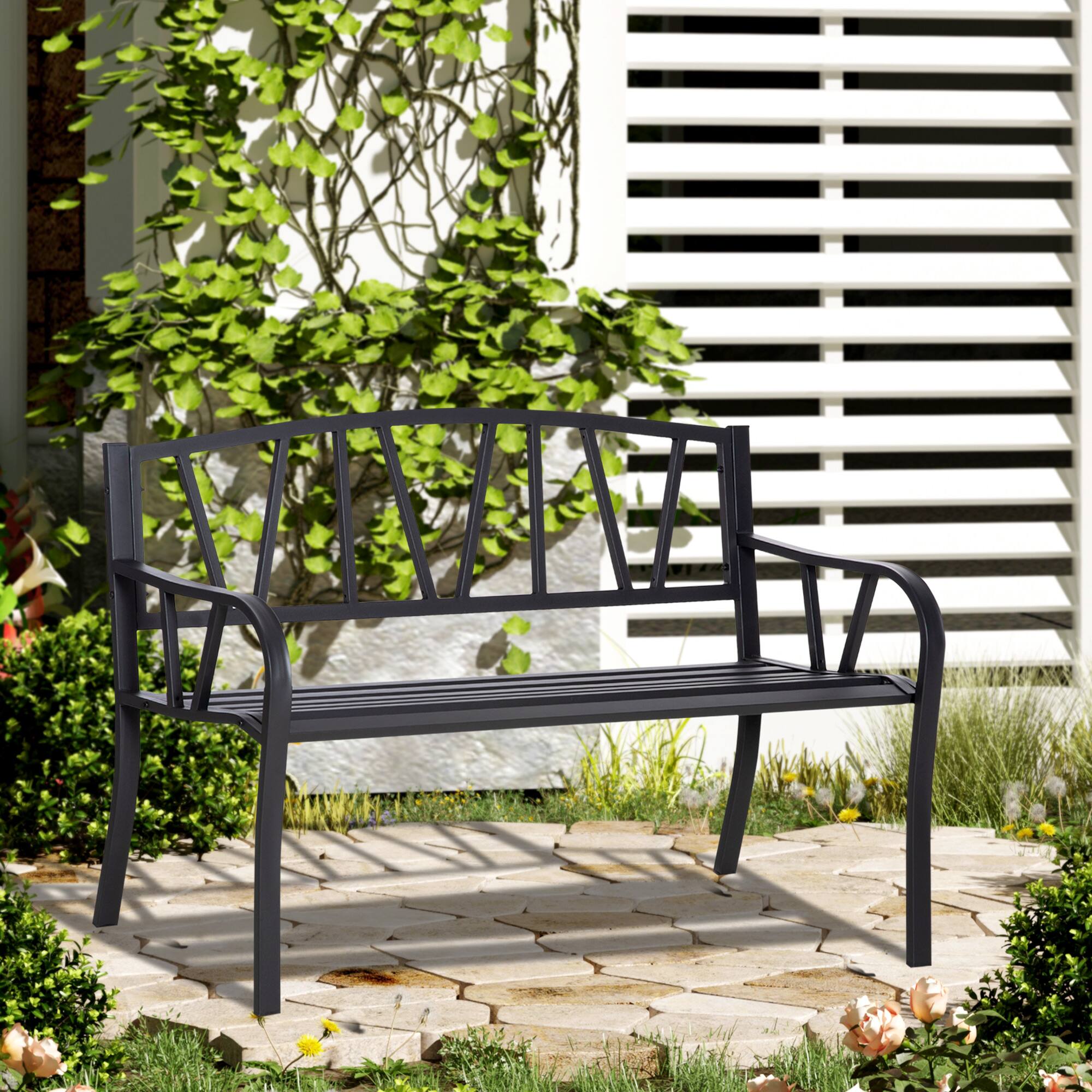 Alt View 1. Outsunny - 50" Outdoor Bench, Metal Garden Bench with V-Shaped Pattern Backrest, Porch Bench with Slatted Seat for Park, Yard, Lawn - Black.