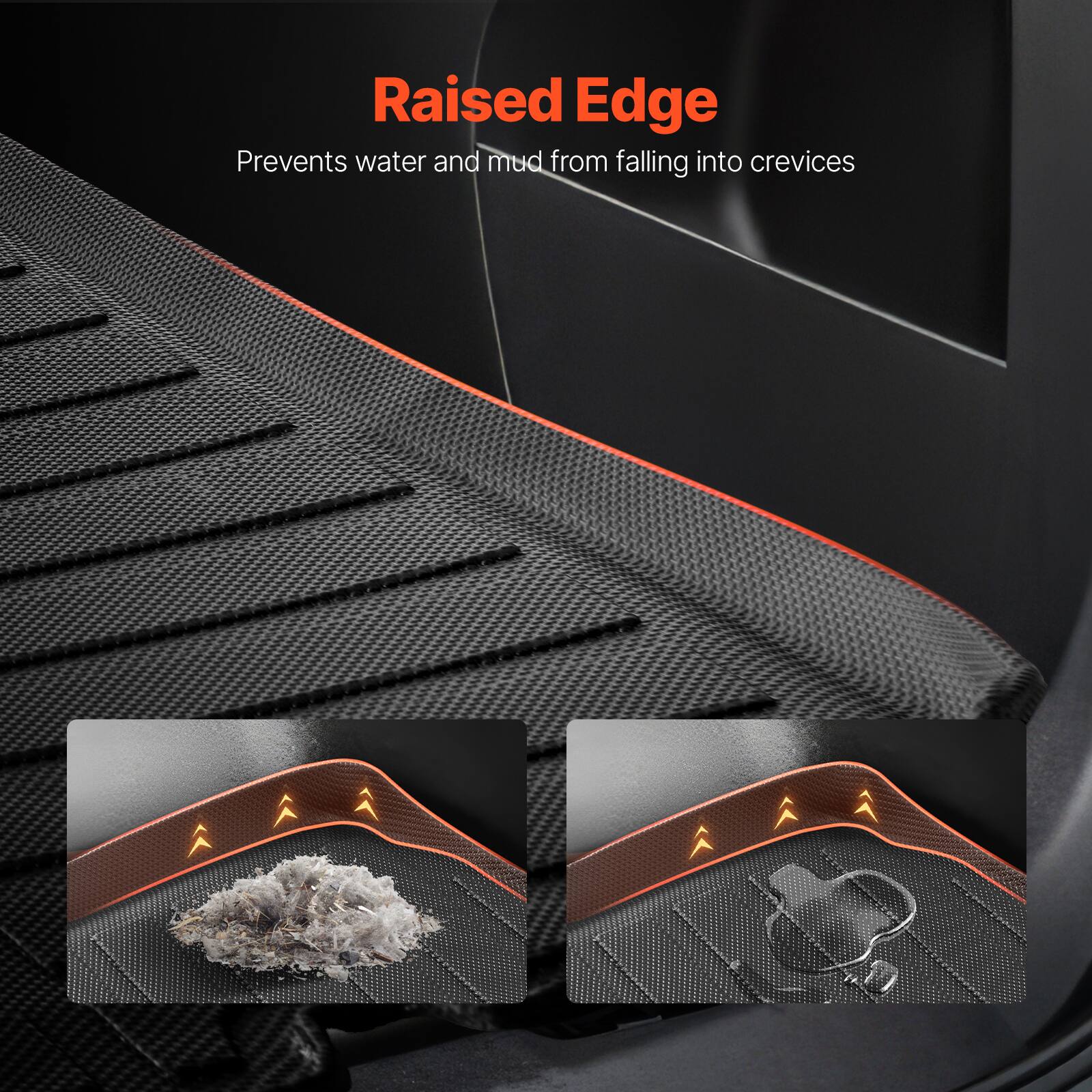 Raised Edge  
Prevents water and mud from falling into crevices