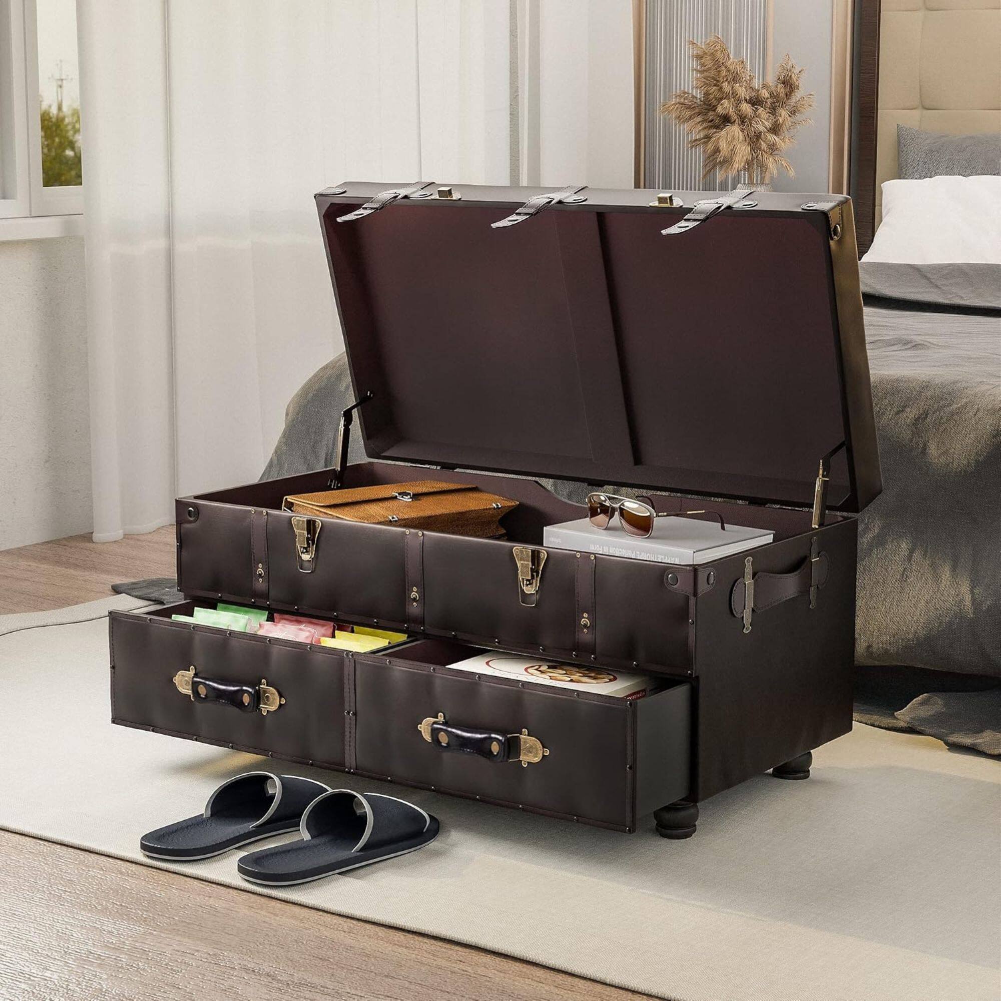 Alt View 4. COZAYH - COZAYH Vintage Storage Bench, Upholstered Wooden Ottoman Chest Box, Black Brown - Black Brown.