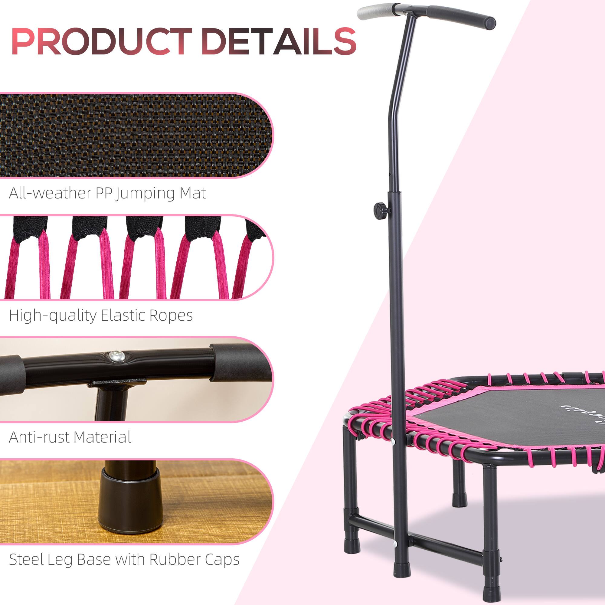 PRODUCT DETAILS

- All-weather PP Jumping Mat
- High-quality Elastic Ropes
- Anti-rust Material
- Steel Leg Base with Rubber Caps