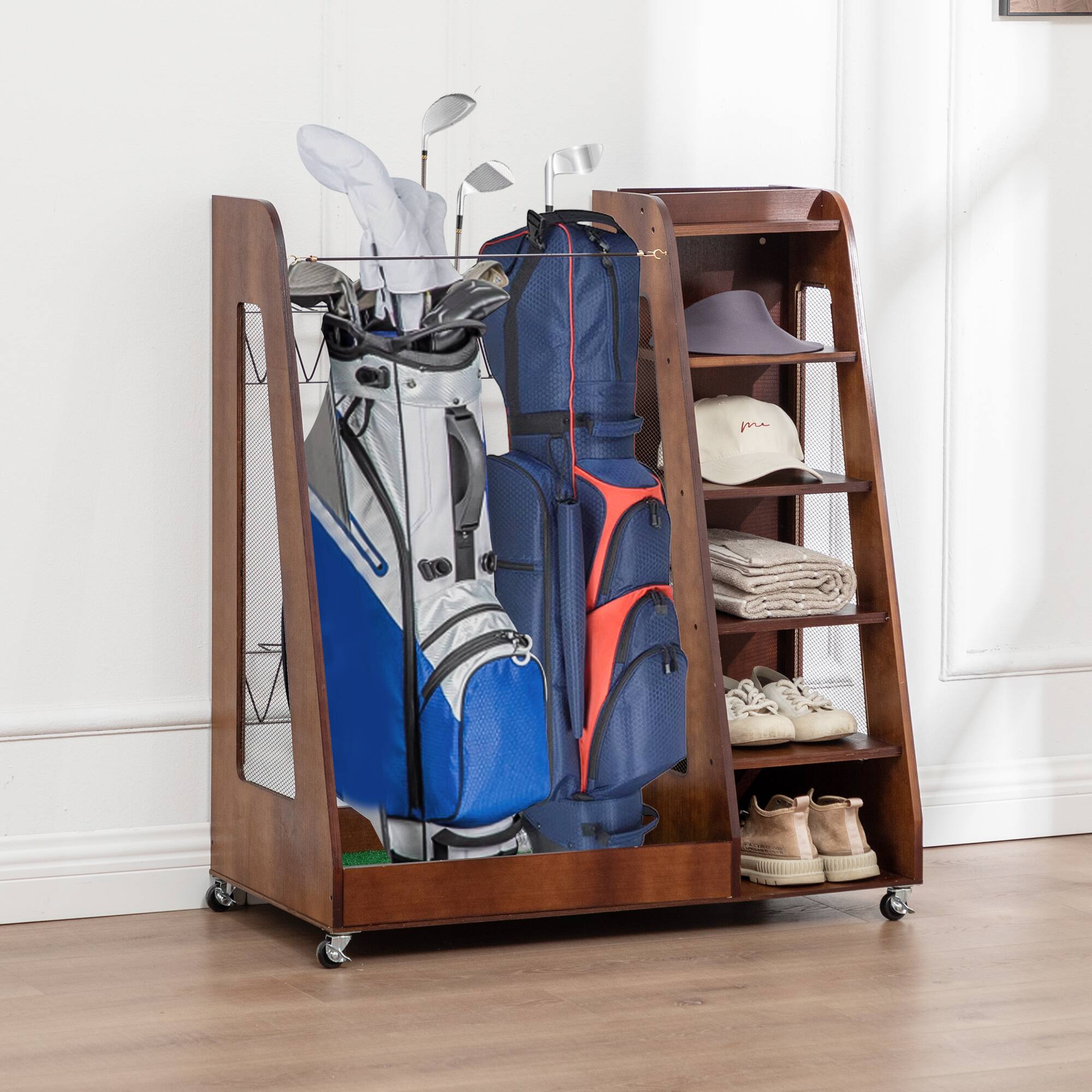 Alt View 6. ELEMENT ACE - Premium Wooden Golf Bag Rack - Holds 2 Bags & Gear​ - Brown.