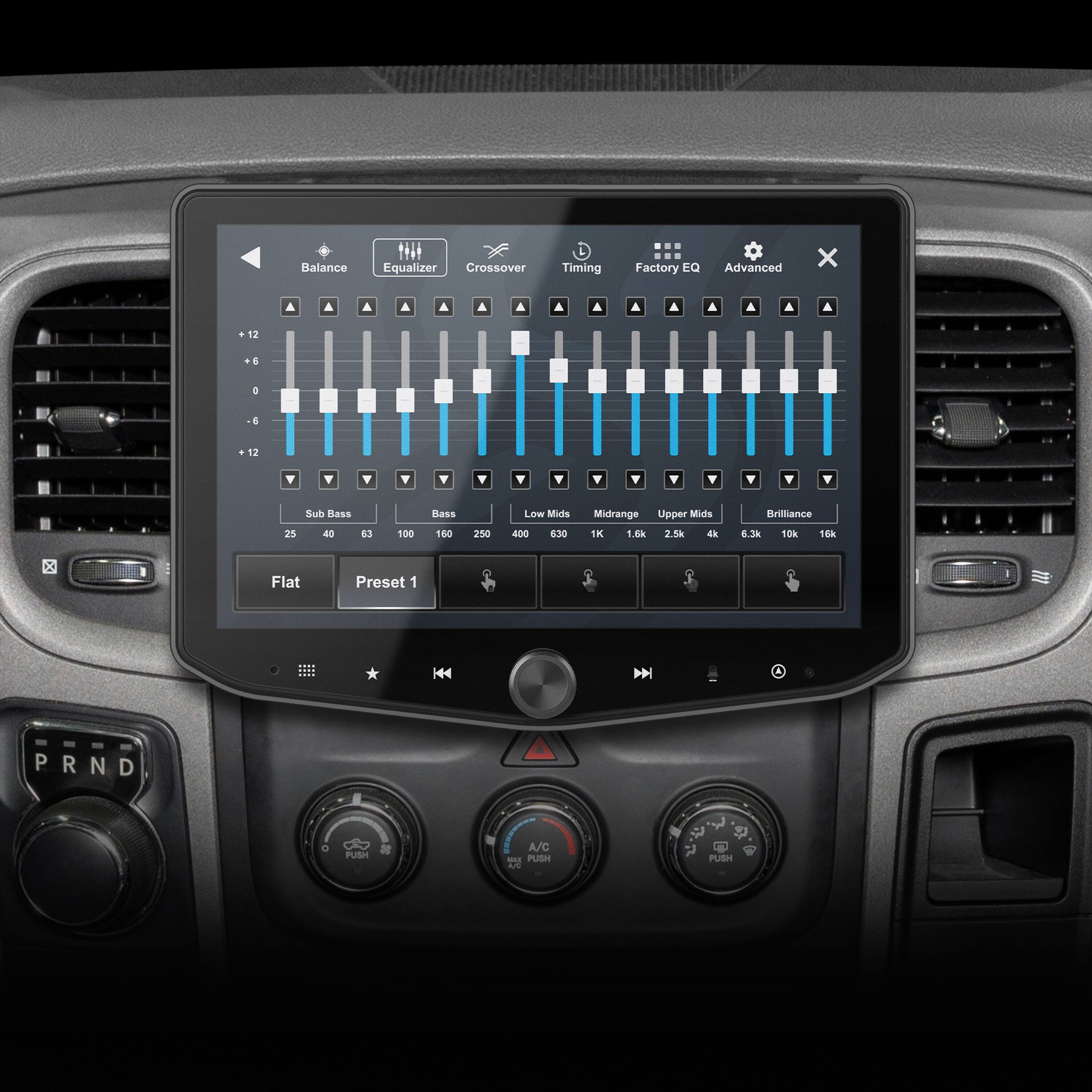 The text on the image is grouped and corrected as follows:

Balance Equalizer Crossover Timing + Factory EQ Advanced X 2 6 5 6 12 Y Sul Bass 25 40 53 100 Bass 100 2:50 Low Mids 400 830 Midrange Upper Mids 1K 1.0% 2.5k 4 Brillance 6.3k 10% 16 . Flat Preset 1 H44 D PRND P N D . PUSH A/C - PUSH -d $ PUBH