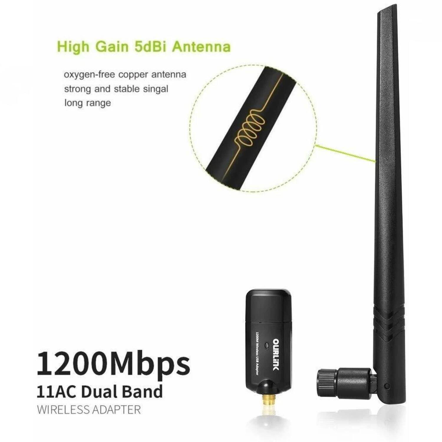 High Gain 5dBi Antenna  
oxygen-free copper antenna  
strong and stable signal  
long range  

1200Mbps  
11AC Dual Band  
WIRELESS ADAPTER  

OURLINK