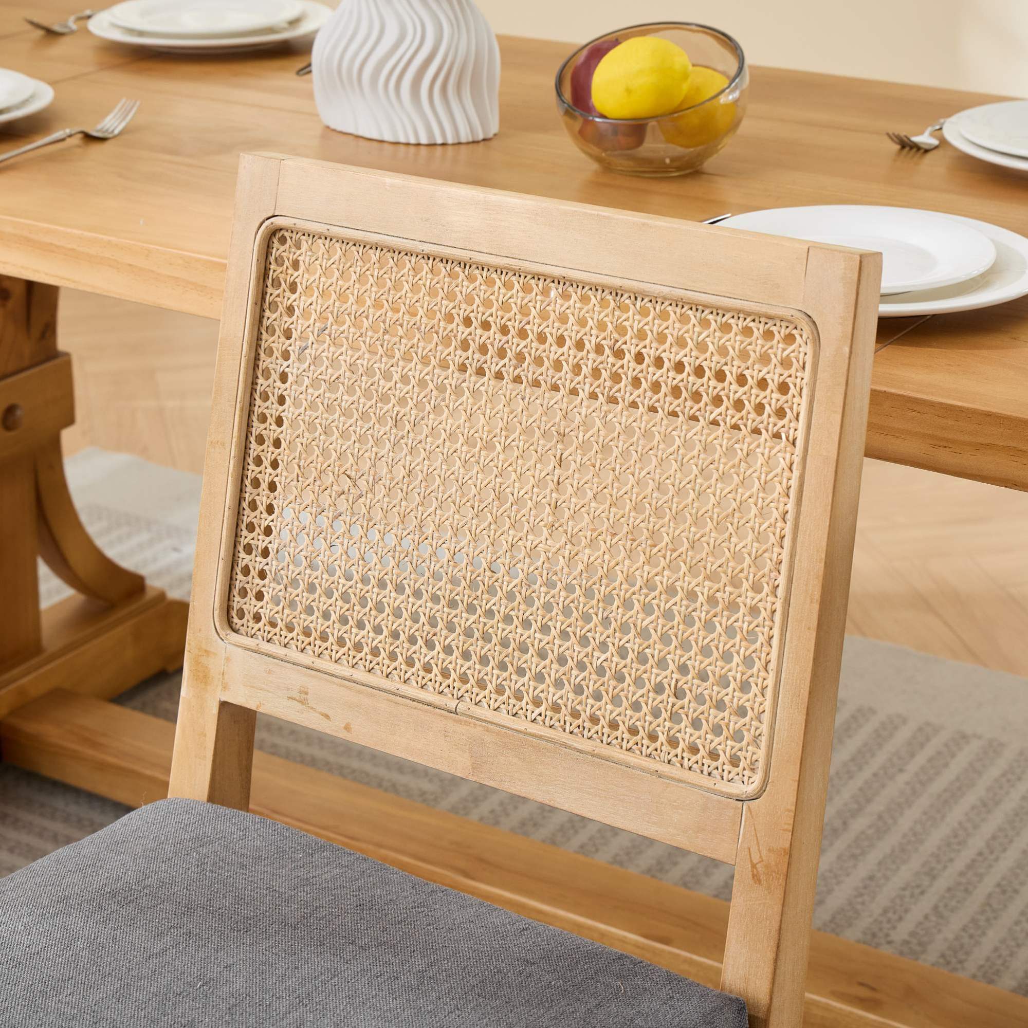 Alt View 6. GOODSILO - Set of 2 Modern Farmhouse Dining Chairs with Rattan Backrest and Linen Upholstery for Kitchen and Dining Room - Gray.