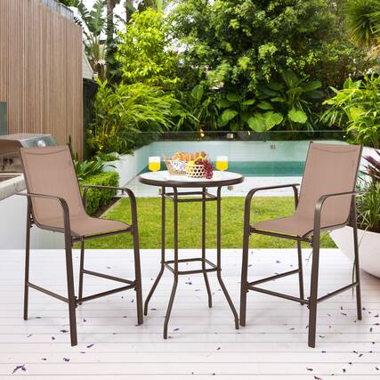 Front. Gymax - Gymax 3PCS Patio Bar Set Outdoor Bistro Set w/ 2 Stools & 1 Tempered Glass Table Brown - Brown.